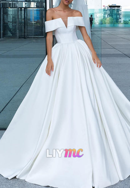 Off-Shoulder Sleeveless Pleated Satin A-Line Wedding Dress