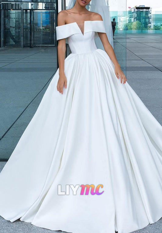 Off-Shoulder Sleeveless Pleated Satin A-Line Wedding Dress