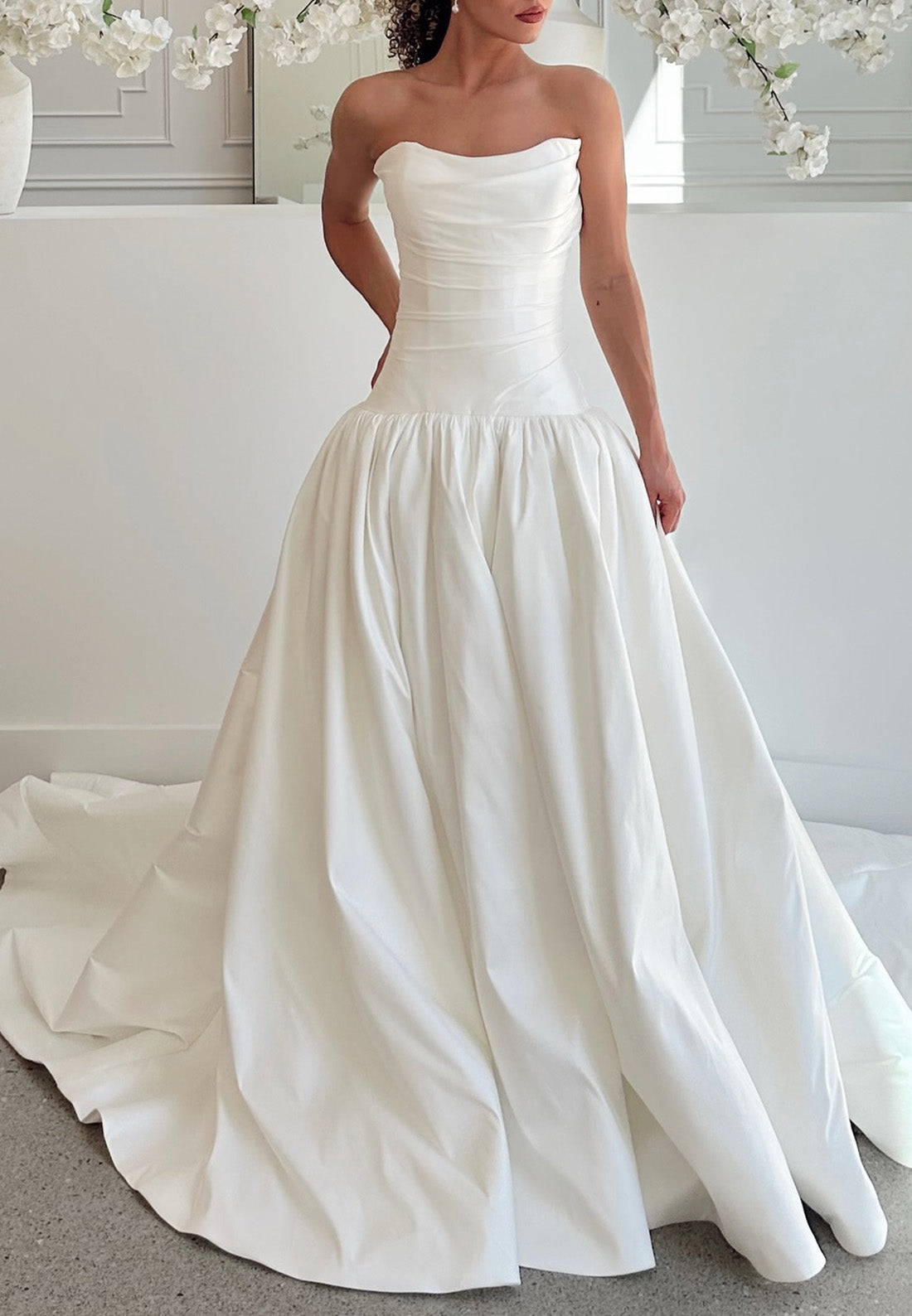 Off-Shoulder Sleeveless Pleated Satin A-Line Wedding Dress
