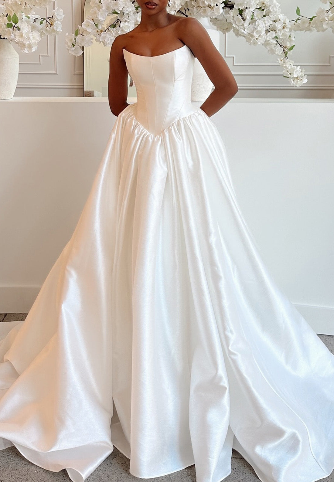 Off-Shoulder Sleeveless Pleated Satin A-Line Wedding Dress