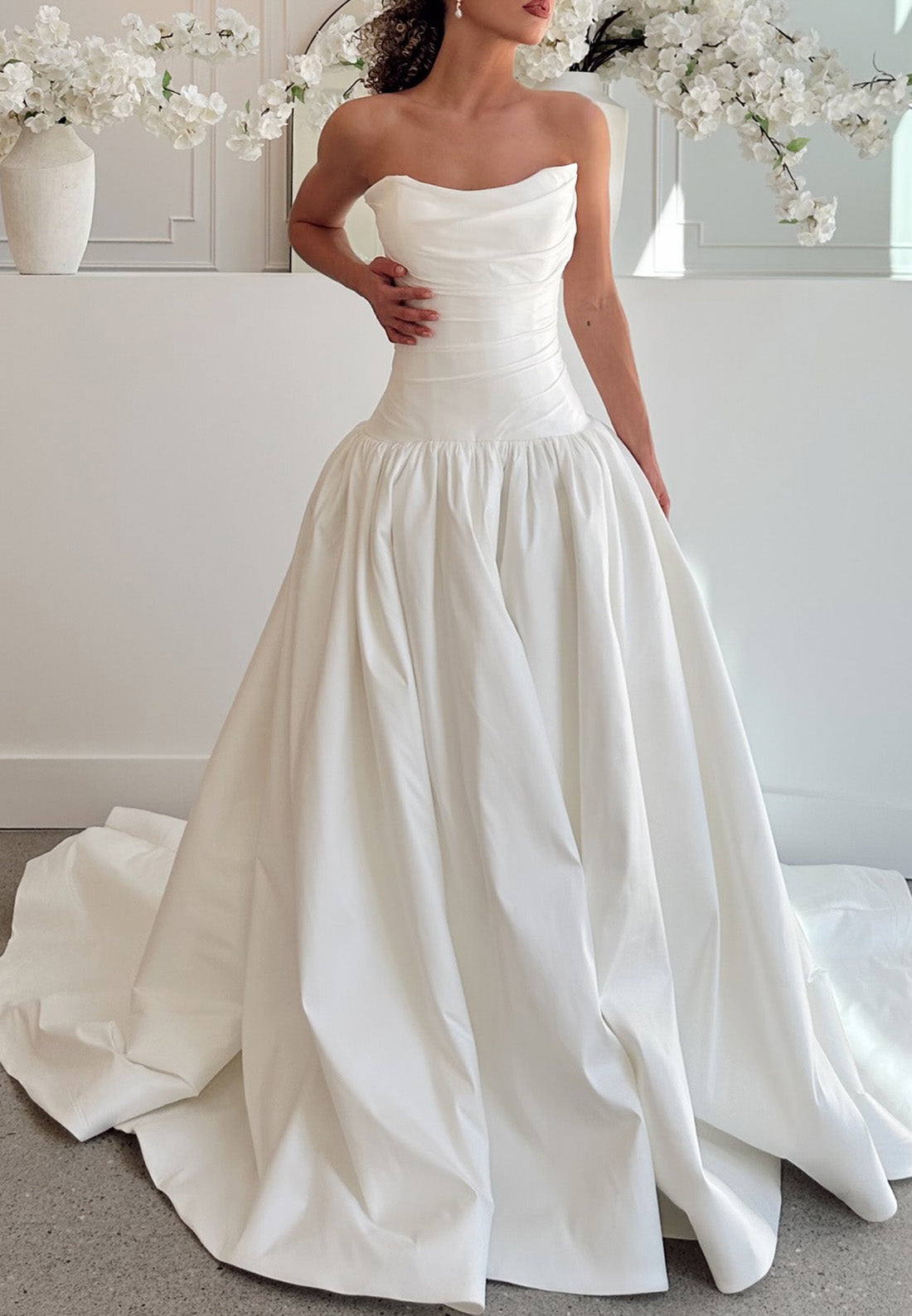 Off-Shoulder Sleeveless Pleated Satin A-Line Wedding Dress