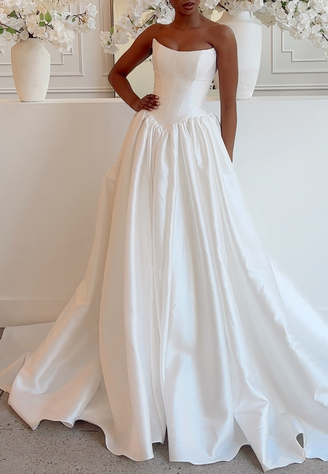 Off-Shoulder Sleeveless Pleated Satin A-Line Wedding Dress