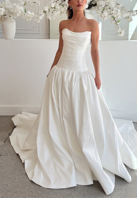 Off-Shoulder Sleeveless Pleated Satin A-Line Wedding Dress