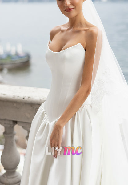 Off-Shoulder Sleeveless Pleated Satin A-Line Wedding Dress