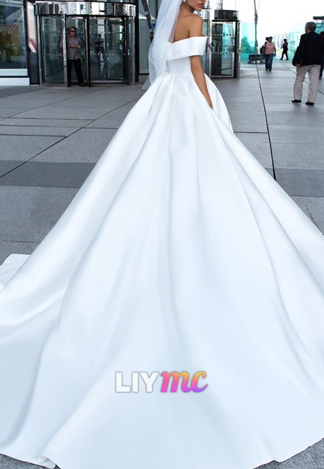 Off-Shoulder Sleeveless Pleated Satin A-Line Wedding Dress