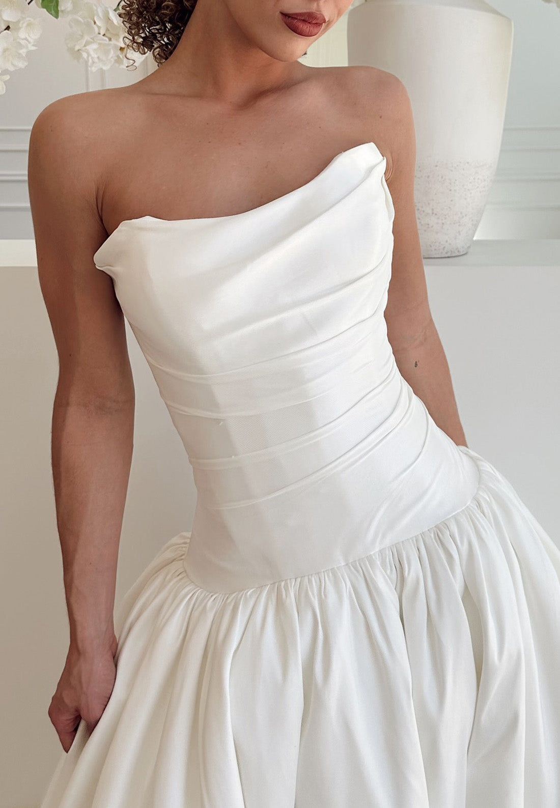 Off-Shoulder Sleeveless Pleated Satin A-Line Wedding Dress