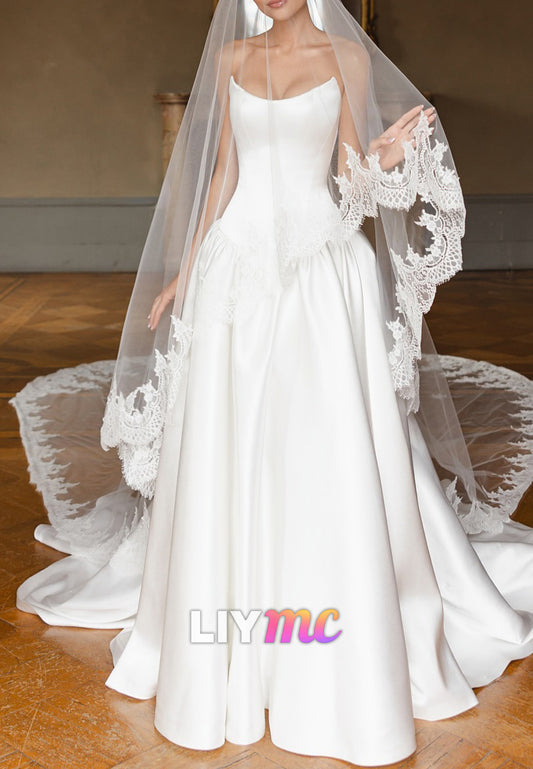 Off-Shoulder Sleeveless Pleated Satin A-Line Wedding Dress