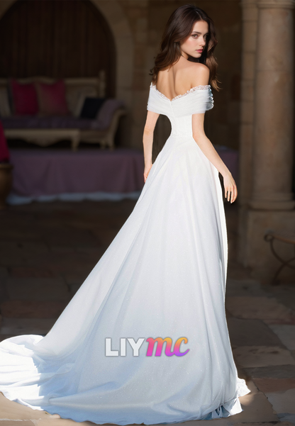 Off-Shoulder Sleeveless Pleated Sleek A-Line Simple Wedding Dress