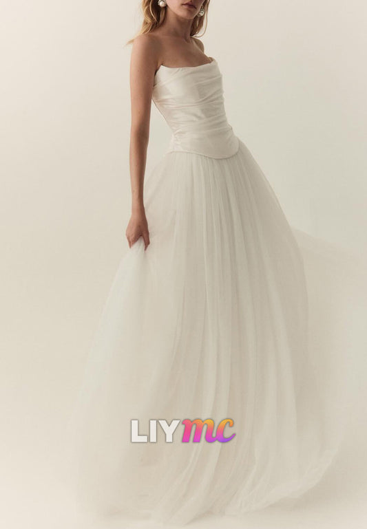 Off-Shoulder Sleeveless Pleated Tulle A-Line Weding Dress