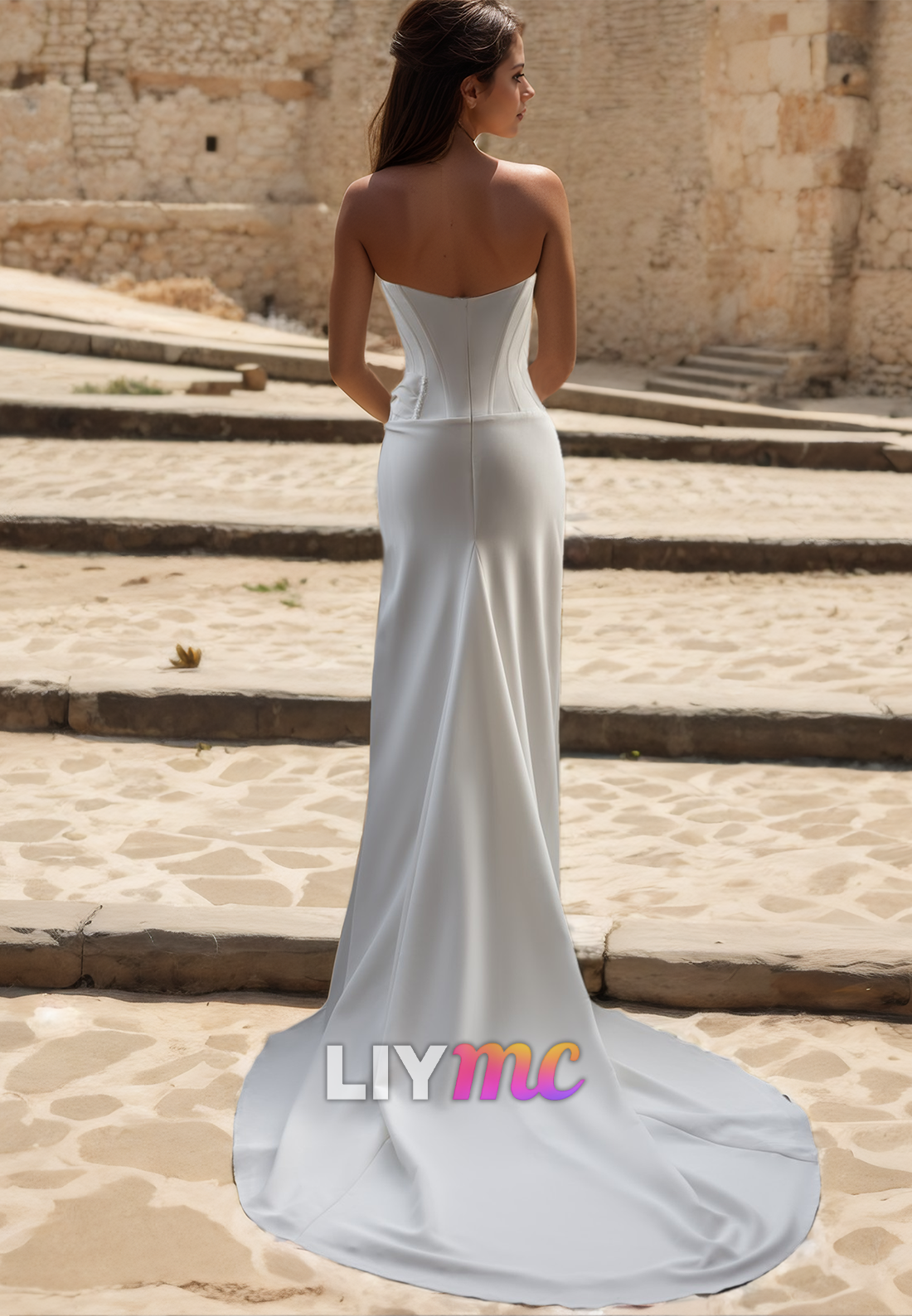 Off-Shoulder Sleeveless Ruched High Slit Sheath Beach Wedding Dress