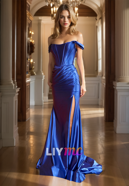 Off-Shoulder Sleeveless Ruched High Slit Sleek Sheath Prom Dress