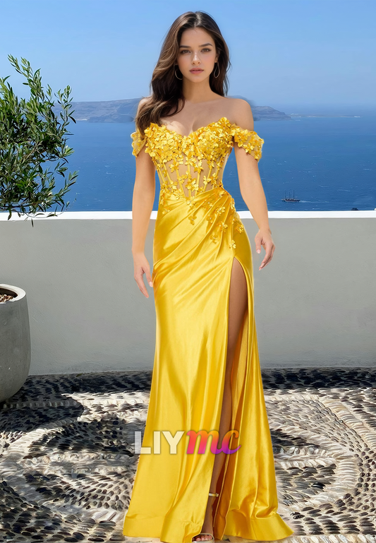 Off-Shoulder Sleeveless Ruched Side Slit Floral Embellished Sheath Prom Dress