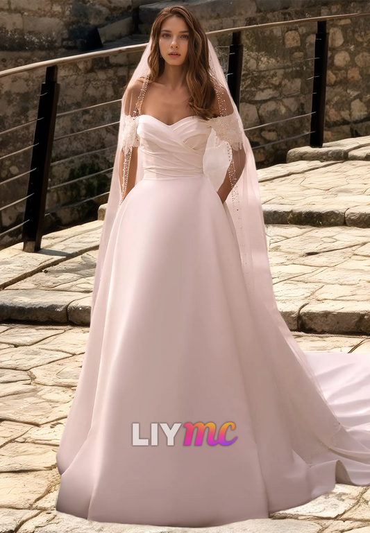 Off-Shoulder Sleeveless Ruched Sleek Satin A-Line Wedding Dress