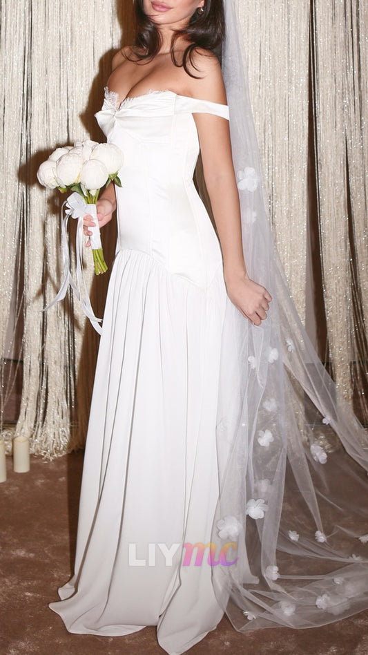 Off-Shoulder Sleeveless Satin A-Line Civil Wedding Dress
