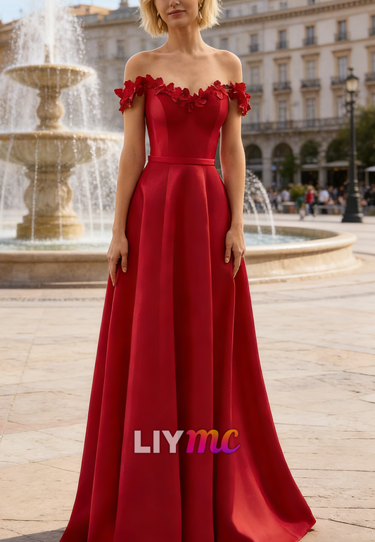 Off-Shoulder Sleeveless Satin A-Line Evening Dress