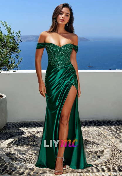 Off-Shoulder Sleeveless Sequins Appliques Pleated Sheath Prom Dress