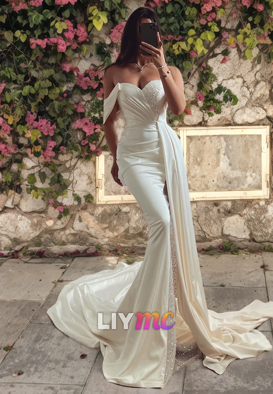 LW451 - Off-Shoulder Asymmetrical Pleated Beaded Satin Ruched Mermaid Wedding Dress