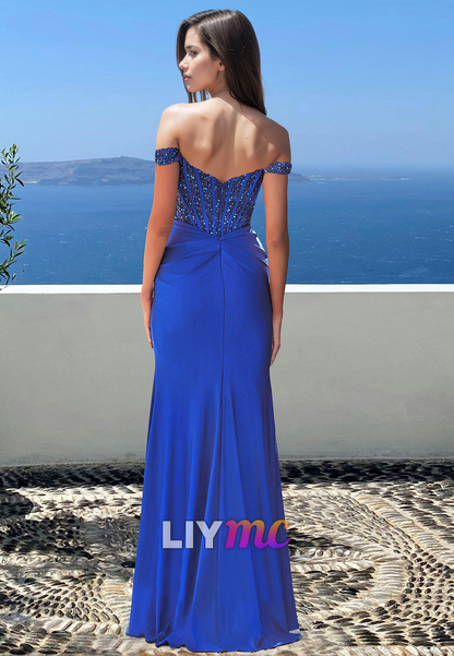 Off-Shoulder Sleeveless Sequins Pleated Side Slit Sheath Prom Dress