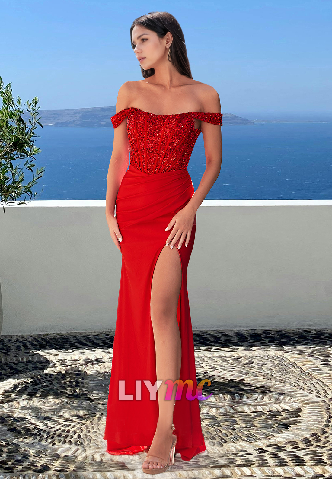 Off-Shoulder Sleeveless Sequins Pleated Side Slit Sheath Prom Dress