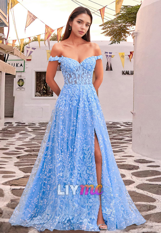 Off-Shoulder Sleeveless Side Slit Appliques A-Line Prom Dress