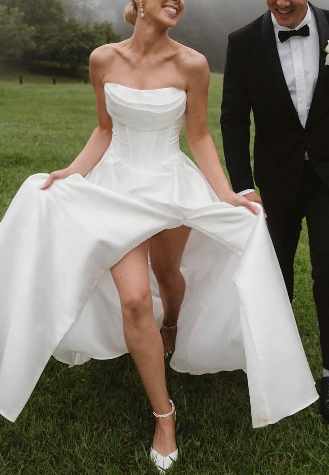 Off-Shoulder Sleeveless Side Slit Satin A-Line Wedding Dress