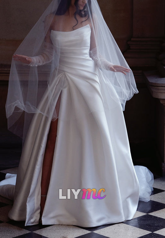 Off-Shoulder Sleeveless Side Slit Satin A-Line Wedding Dress
