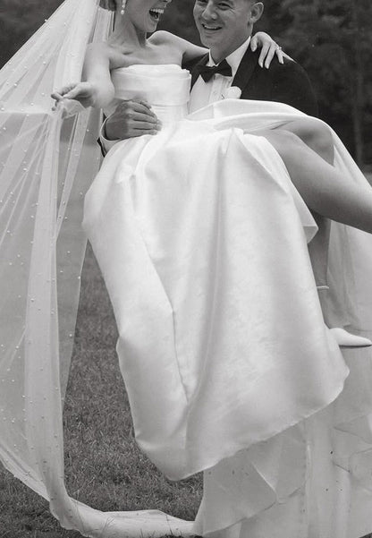 Off-Shoulder Sleeveless Side Slit Satin A-Line Wedding Dress