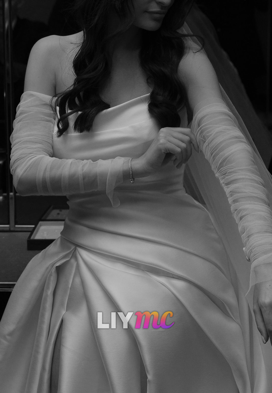 Off-Shoulder Sleeveless Side Slit Satin A-Line Wedding Dress