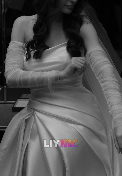 Off-Shoulder Sleeveless Side Slit Satin A-Line Wedding Dress