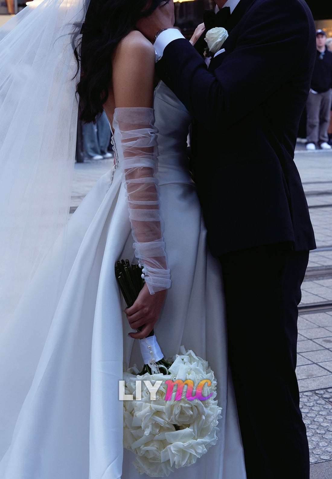 Off-Shoulder Sleeveless Side Slit Satin A-Line Wedding Dress