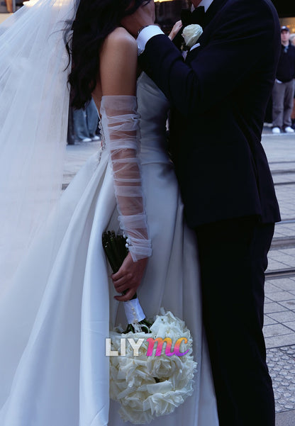 Off-Shoulder Sleeveless Side Slit Satin A-Line Wedding Dress