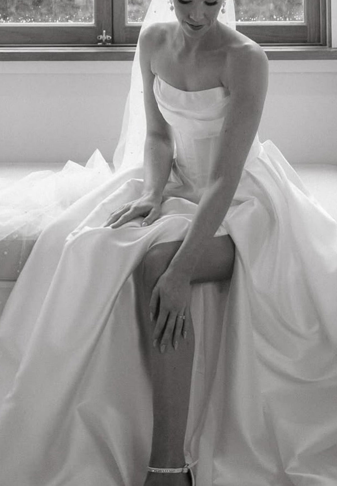 Off-Shoulder Sleeveless Side Slit Satin A-Line Wedding Dress