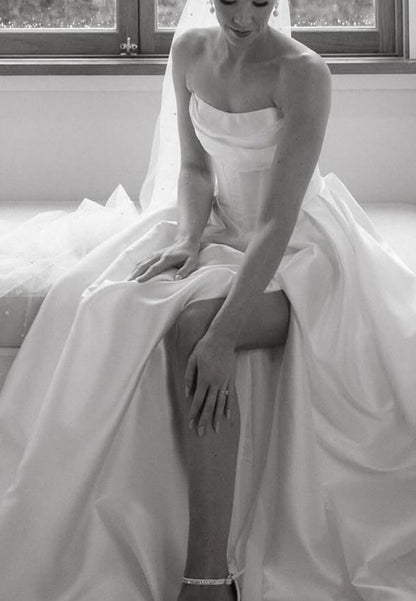 Off-Shoulder Sleeveless Side Slit Satin A-Line Wedding Dress