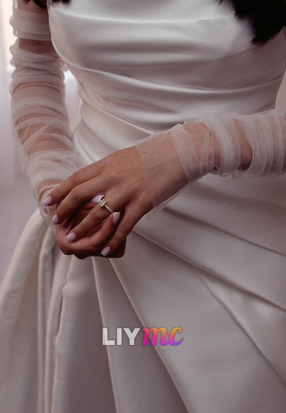 Off-Shoulder Sleeveless Side Slit Satin A-Line Wedding Dress