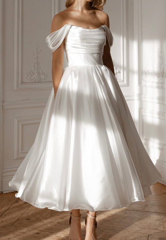 Off-Shoulder Sleeveless Sleek Pleated A-Line Midi Wedding Dress