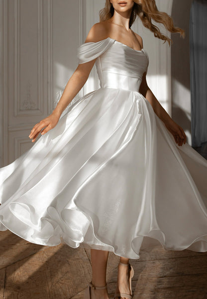 Off-Shoulder Sleeveless Sleek Pleated A-Line Midi Wedding Dress