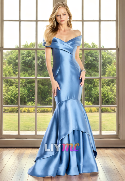 Off-Shoulder Sleeveless Sleek Ruffled Mermaid Mother of Bride Dress