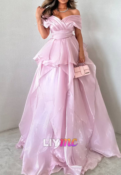 Off-Shoulder Sleeveless Sleek Tiered A-Line Evening Dress