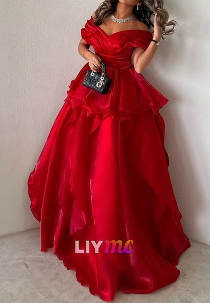 Off-Shoulder Sleeveless Sleek Tiered A-Line Evening Dress