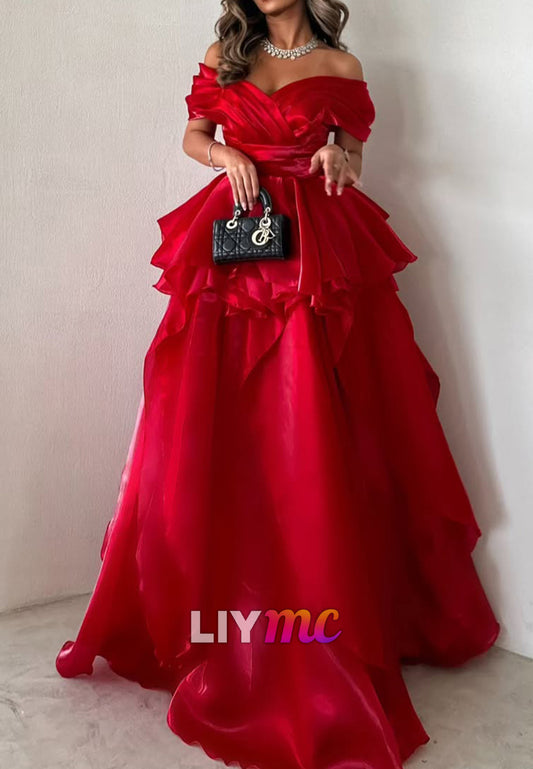 Off-Shoulder Sleeveless Sleek Tiered A-Line Evening Dress