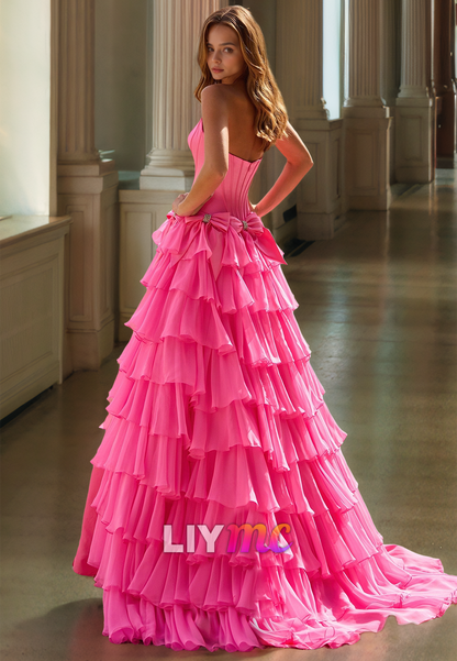 Off-Shoulder Sleeveless Tiered Side Slit A-Line Prom Dress