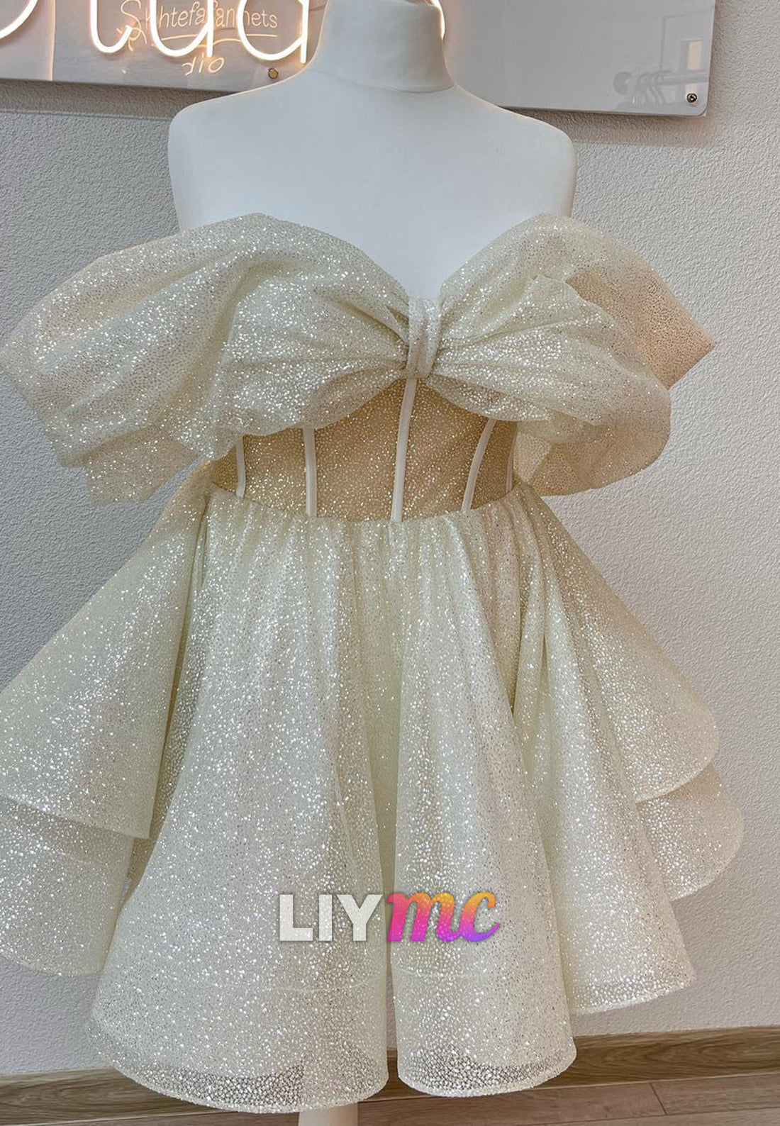 Off-Shoulder Sleeveless Tiered Sparkly A-Line Party Homecoming Dress
