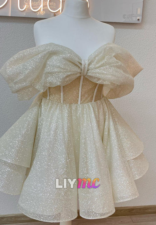 Off-Shoulder Sleeveless Tiered Sparkly A-Line Party Homecoming Dress