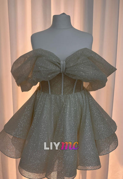 Off-Shoulder Sleeveless Tiered Sparkly A-Line Party Homecoming Dress