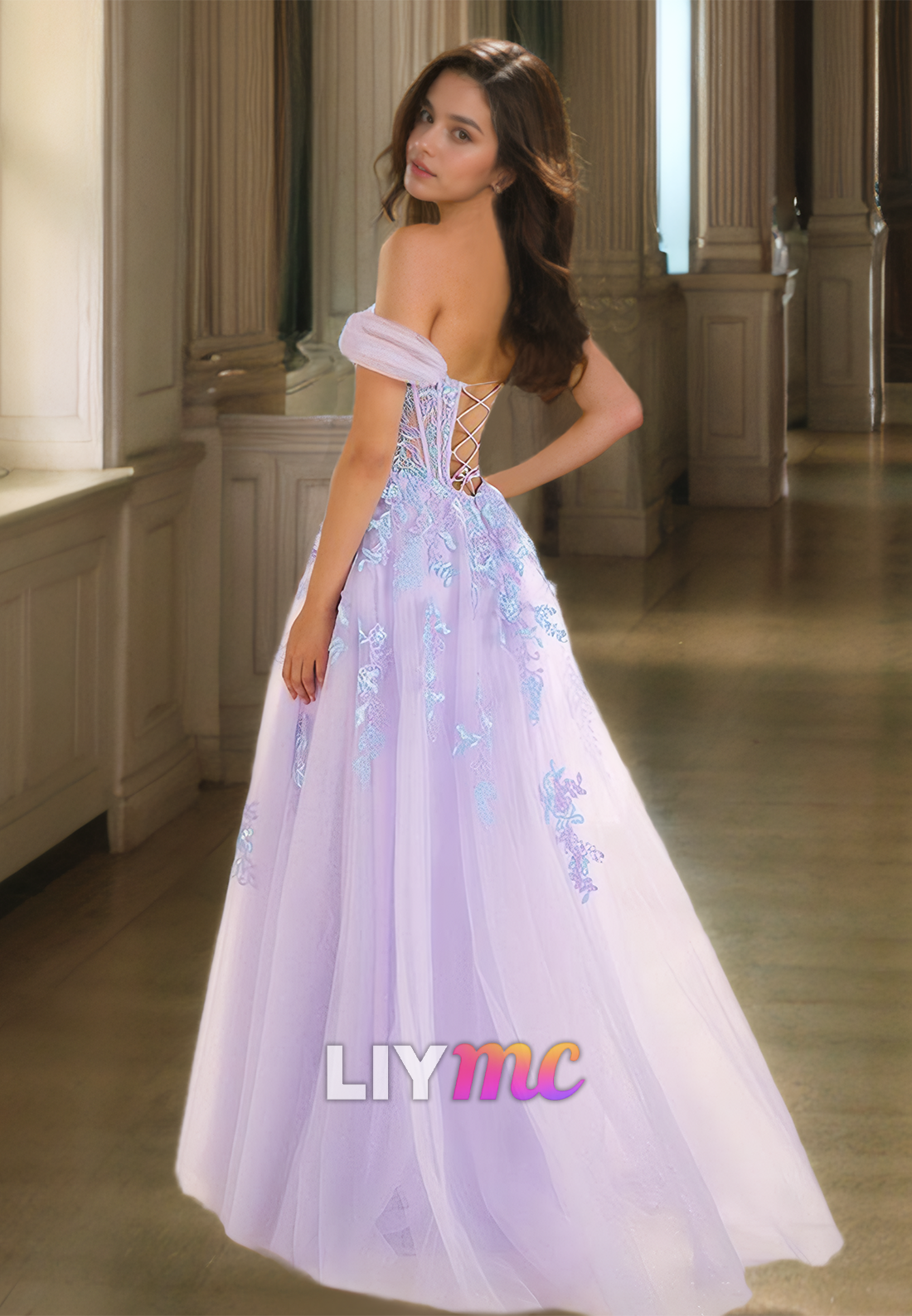 Off-Shoulder Sleeveless Tulle Appliques A-Line Prom Dress