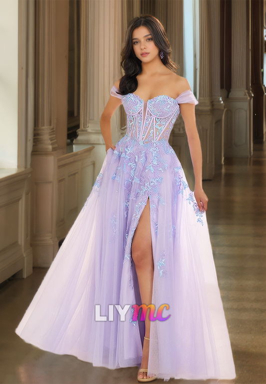 Off-Shoulder Sleeveless Tulle Appliques A-Line Prom Dress