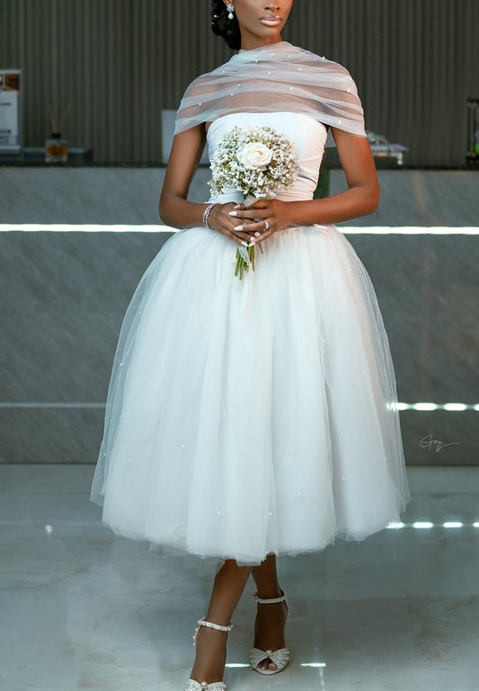 Off-Shoulder Sleeveless Tulle Ball Gown Midi Wedding Dress