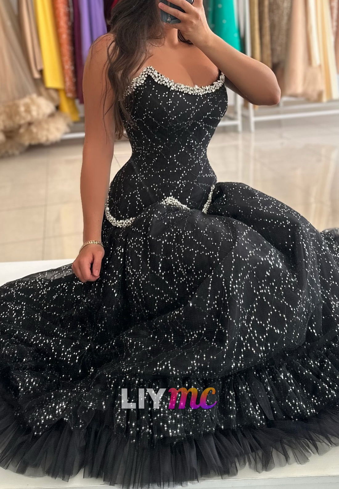 Off-Shoulder Sleeveless Tulle Sparkly A-Line Prom Dress