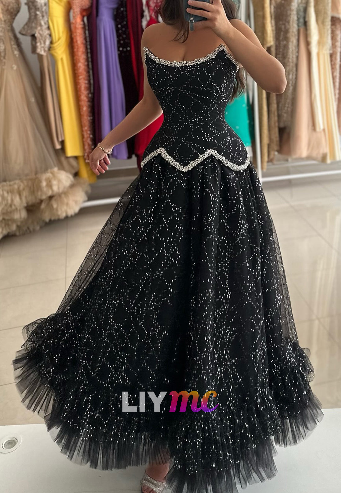 Off-Shoulder Sleeveless Tulle Sparkly A-Line Prom Dress