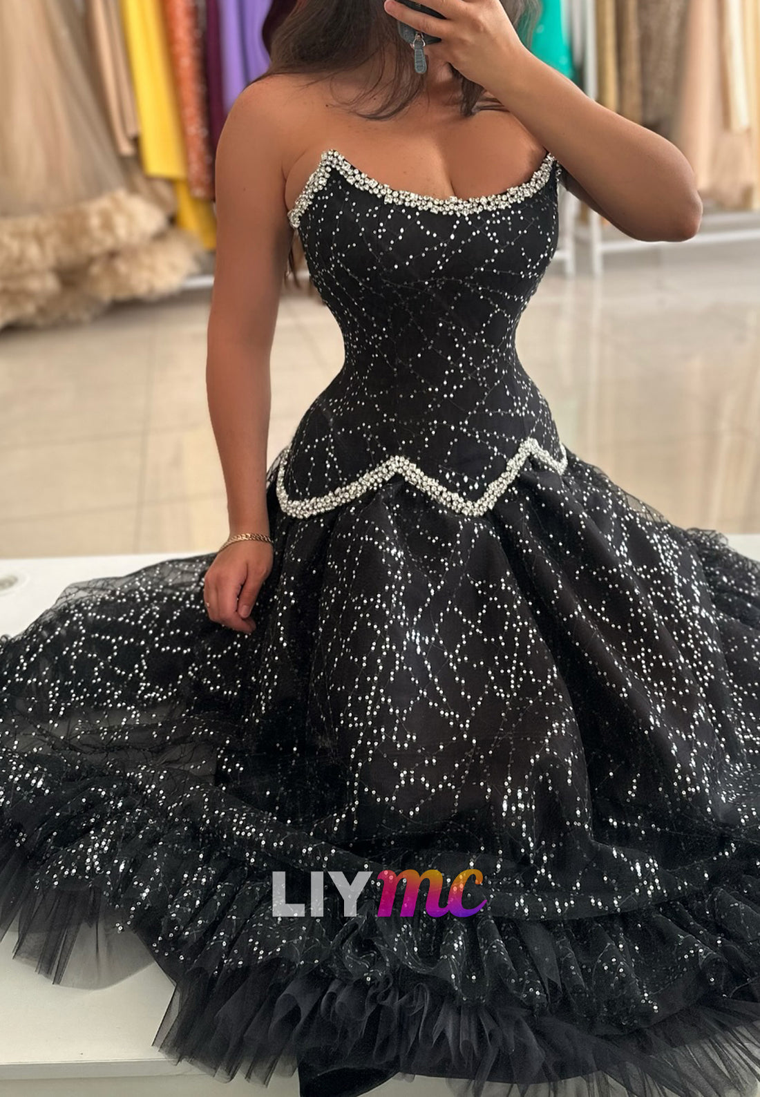 Off-Shoulder Sleeveless Tulle Sparkly A-Line Prom Dress